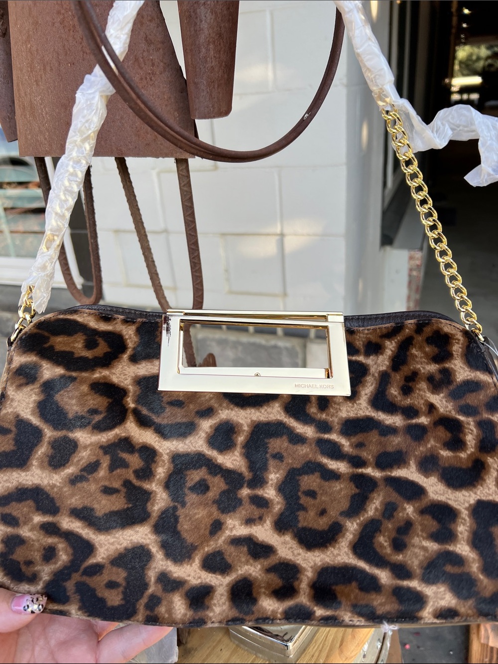MICHAEL Michael Kors Leopard-Print Faux Fur Wristlet with Gold Handle